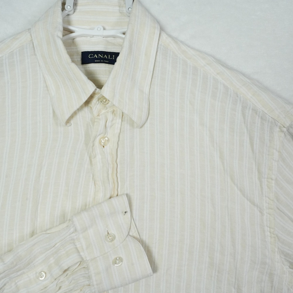 Canali Mens Striped Long Sleeve Button Down Shirt White Linen Blend Italy Made M